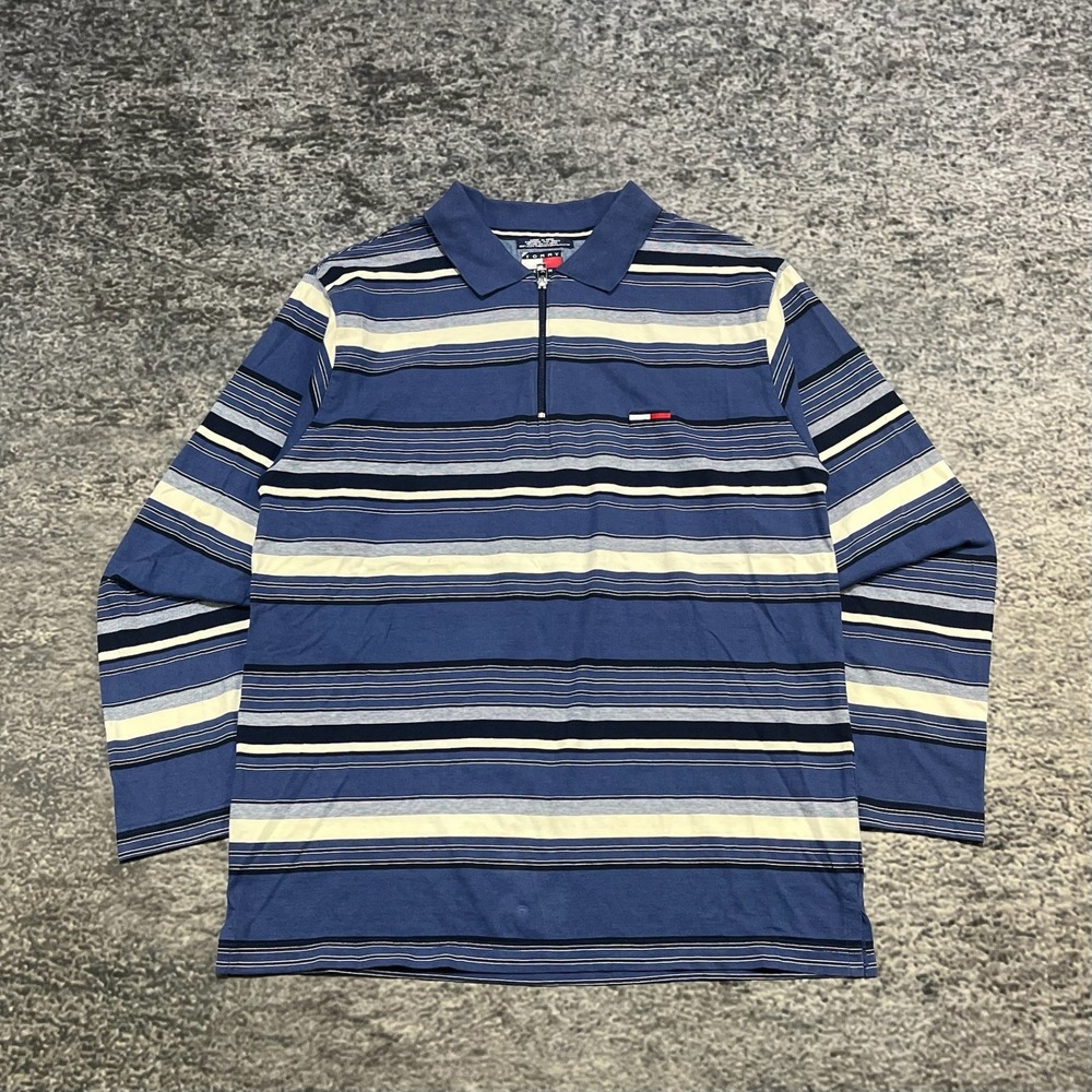 Vintage Tommy Hilfiger Long Sleeve Shirt 1/4 Zip Polo Mens XL Striped Blue Y2K